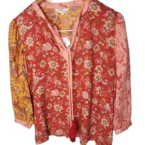 NEW! ROCKS & INDIGO Floral Colorblock Boho Blouse Top XS.
